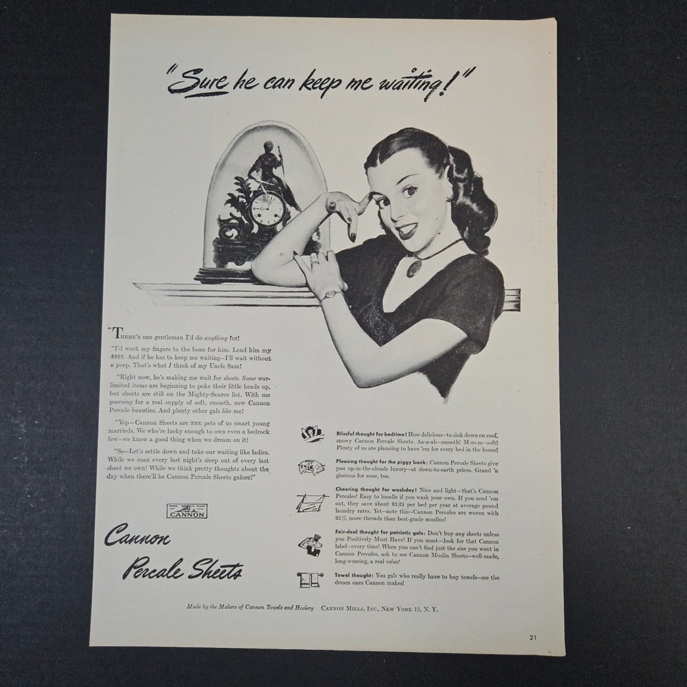 1945 Cannon Percale Sheets Vintage Print Ad Smiling Beauty Mantle Clock NYC